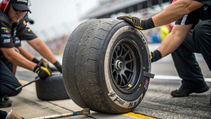 Close-Up of High-Performance Racing Car Tire on Track, Showcasing Tread Texture and Speed Dynamics