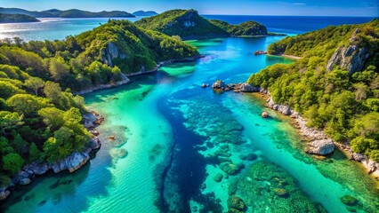 Fototapeta premium Aerial View of a Serene Coastal Inlet with Lush Green Foliage and Crystal Clear Turquoise Waters