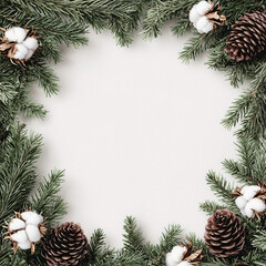 festive botanical frame featuring fir branches, pine cones, and cotton
