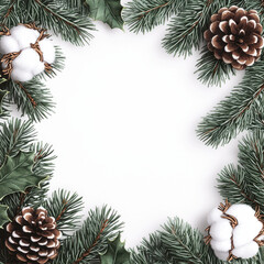 festive Christmas frame with fir branches, pine cones, and cotton
