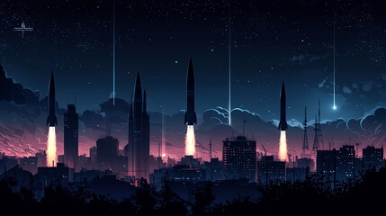 Obraz premium Rockets launch into a starry night sky from a futuristic city skyline with vibrant colors and glowing trails marking their ascent