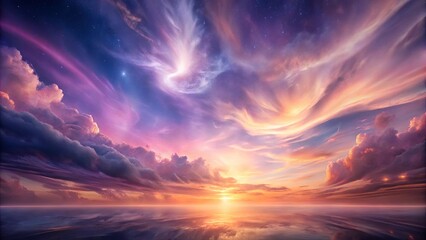 Celestial Canvas A Symphony of Clouds, Stars, and Golden Light Reflecting on a Serene Horizon