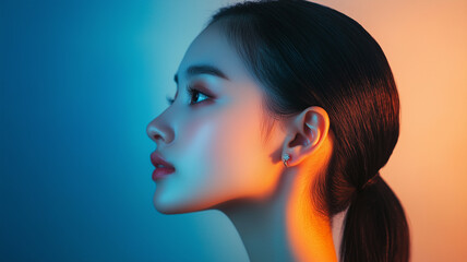 Fototapeta premium Cinematic Portrait of a Young Asian Woman in Dramatic Lighting with Elegant Hairstyle