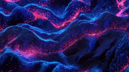 Abstract Neon Particles in Blue Digital Wave Formations