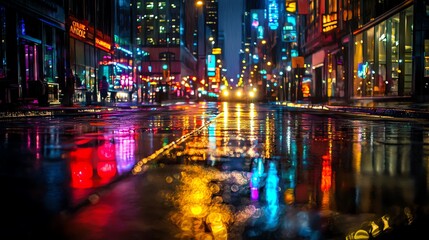 Obraz premium Vibrant reflections of neon lights on wet city streets during a rainy night in an urban setting