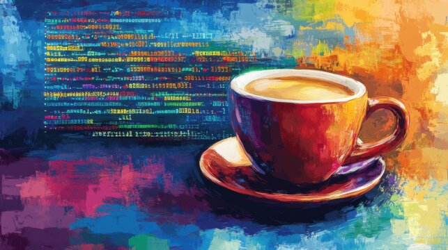 Colorful Code on Screen with Coffee Cup