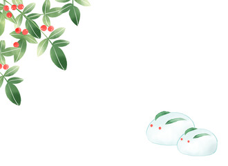 南天と二匹の雪ウサギ　背景イラスト