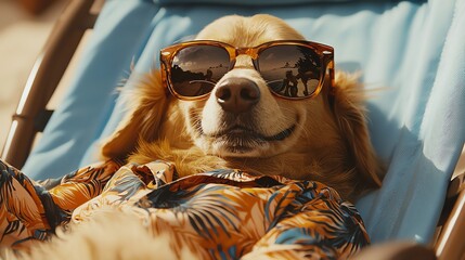 A golden retriever relaxing on a beach chair in sunglasses while wearing a colorful shirt during a sunny day