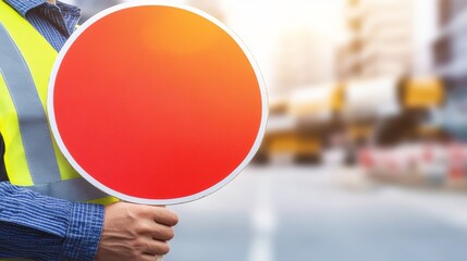 Man holding a striking red and white sign, visual display of communication expression in public setting