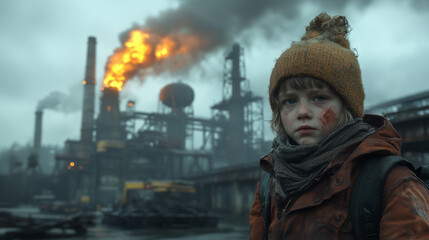Obraz premium Abstract portrait of a young, unkempt boy amidst factories and industrial pollution weighed down by climate anxiety and dread in a dystopic post-apocalyptic peak-oil future caused by a capitalistic, f