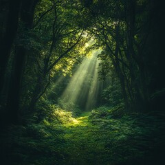 Obraz premium A serene forest scene with sunlight filtering through lush greenery.