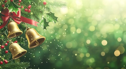Golden Christmas Bells with Red Bow on Green Background for Christmas Greeting Card or Banner Design. Illustration of golden bells tied to a red ribbon and green holly hanging from evergreen tree 