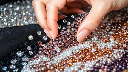 A close-up of a hand arranging sparkling rhinestones on a textured surface.