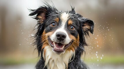 The dog shakes off happy border collie with funny muzzle wet pet