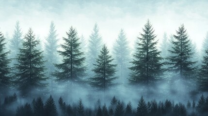 A misty forest landscape with tall evergreen trees and a serene atmosphere.