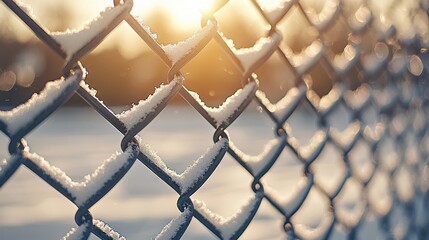 Naklejka premium A close-up of a snow-dusted chain-link fence with sunlight glistening in the background, creating a serene winter atmosphere.