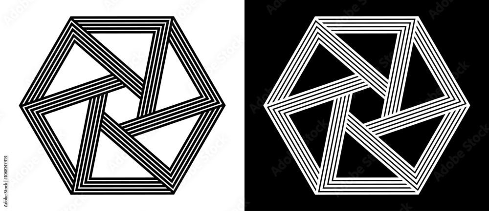 Aufkleber Hexagon shape with linear dynamic elements. Abstract geometric art line background, logo or tattoo. Black shape on a white background and the same white shape on the black side.