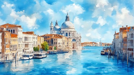 A watercolor painting of a canal in Venice with a church in the distance.
