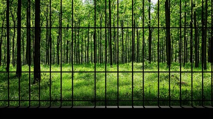 Fototapeta premium A view of a lush green forest seen through barred windows, suggesting confinement versus nature's freedom.