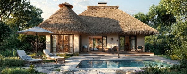 Thatch-roofed summer cottage with a pool in the sky, elegant holiday home.