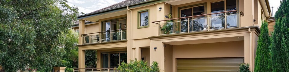 Elegant beige exterior and olive decor on a Sydney house with a garage and balconies.