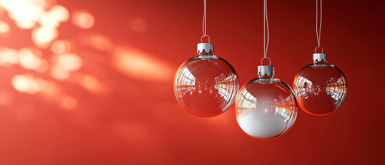 Elegant glass ornaments hanging gracefully against a vibrant red wall, perfect for holiday decorations, Christmas themes, or festive event design.