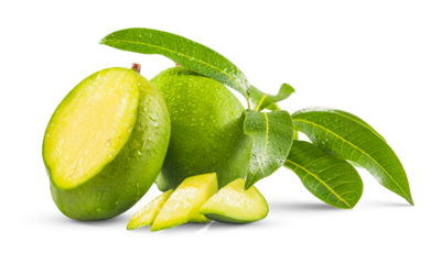 Fresh green mango called ''Mange Carotte'' isolated on white background - very popular green, in rougail or cut into pieces with salt and pepper