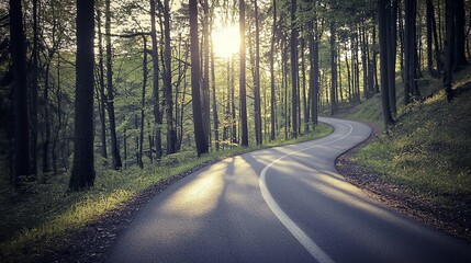 Naklejka premium A winding road through a tranquil forest at sunset with golden rays filtering through the trees