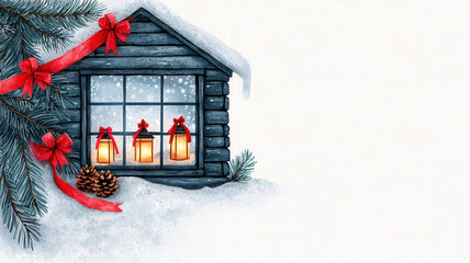 Cozy cabin window decorated with red ribbons and lanterns in snow