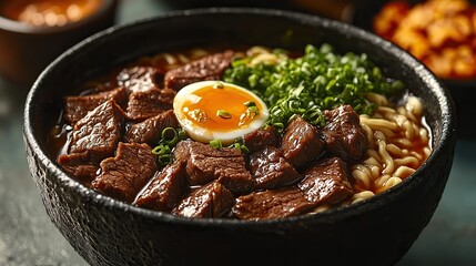 A delicious bowl of ramen with beef and eggs on a stone blue table, showcasing Japanese cuisine for restaurant banners.
