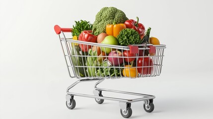 Fresh produce in a shopping cart filled with colorful vegetables in a clean, modern setting