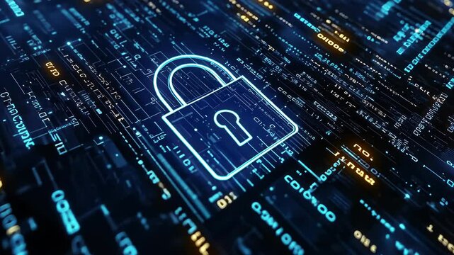 A digital lock symbol overlaid on a matrix of data, representing cybersecurity and encryption.