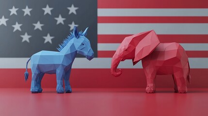 A blue donkey and a red elephant stand facing each other in front of an American flag, representing the Democratic and Republican parties.