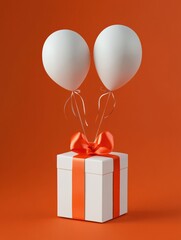 3d illustration gift in a beautiful packaging box, a satin ribbon bow. with ballons on a. orange background. Festive paraphernalia, gift set. , generated by AI.