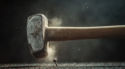 Horizontal shot of old hammer hits a nail close-up on dark background dust rises from the impact