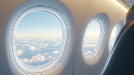 Beautiful view from an airplane window, with the airplane's interior featuring seats and windows against a blue sky background
