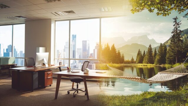 Modern office featuring serene view of mountain lake and hammock, inviting peaceful escape from the daily grind to reconnect with nature and recharge. Wellness concept