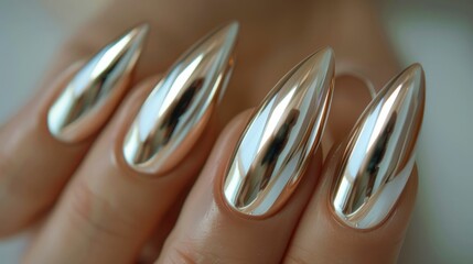 A close-up image showcasing glossy, metallic chrome fingernails with a sleek and polished design, capturing modern elegance and style in beauty and nail art