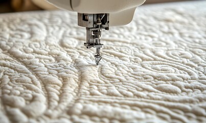 A close-up of a sewing machine quilting intricate patterns on fabric.