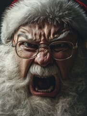 Close-up portrait of an angry Santa Claus wearing glasses and a beard, screaming in anger, isolated on a dark background.