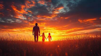 Fototapeta premium A father and child walk hand-in-hand during a sunset, symbolizing the love and care that defines happy family moments.