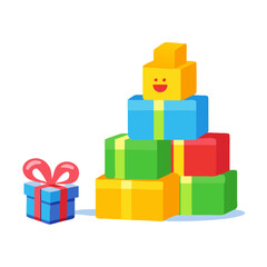 Stack of colorful gift boxes with a smiley on top

