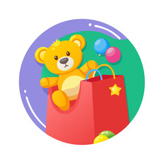 Fototapeta premium Gift bag with teddy bear and balloons in festive colors for kids