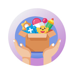 Obraz premium Hands holding gift box with toys and colorful background