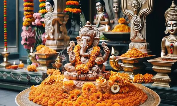 Vibrant ganesh festival altar with flower offerings in motion.
