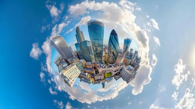 Tiny planet process of london skyline including skyscrapers and houses