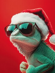 Fototapeta premium Merry Christmas concept holiday vacation winter animal pet greeting card with text - Cool chameleon with sunglasses and santa claus hat, isolated on red background