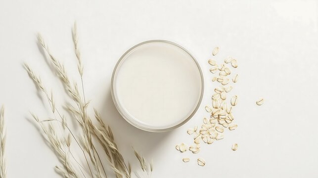 Glass of oat milk with oats straws around top down view, white minimalist simple background, non dairy alternative vegan vegetarian diet
