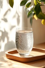 Glass of chia seed water in sunlight on wooden tray