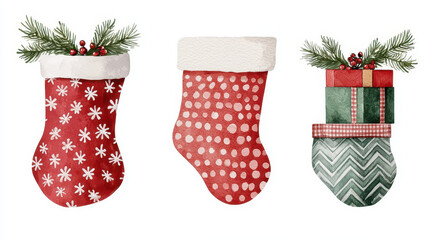 Festive watercolor Christmas stockings with decorative elements